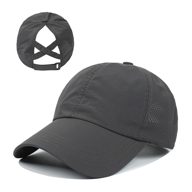 Summer Mesh Baseball Cap – Quick-Drying Sport & Leisure Hat with Cross Ponytail Design for Women & Men