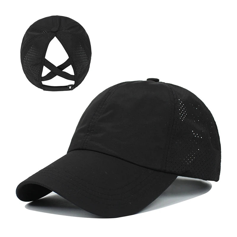 Summer Mesh Baseball Cap – Quick-Drying Sport & Leisure Hat with Cross Ponytail Design for Women & Men