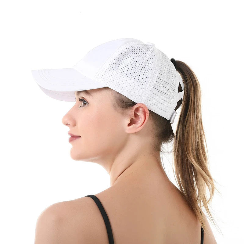 Summer Mesh Baseball Cap – Quick-Drying Sport & Leisure Hat with Cross Ponytail Design for Women & Men