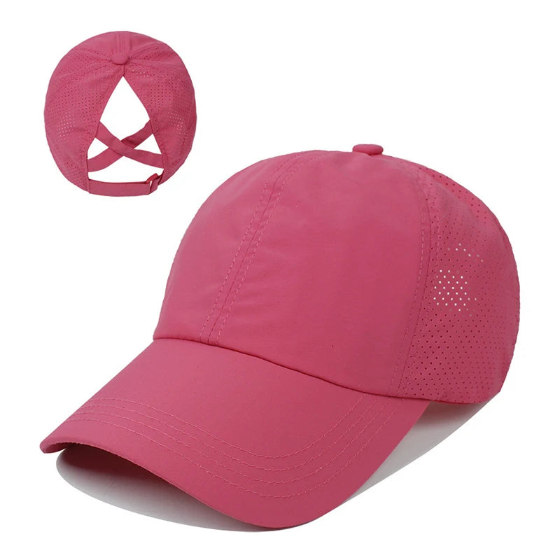 Summer Mesh Baseball Cap – Quick-Drying Sport & Leisure Hat with Cross Ponytail Design for Women & Men