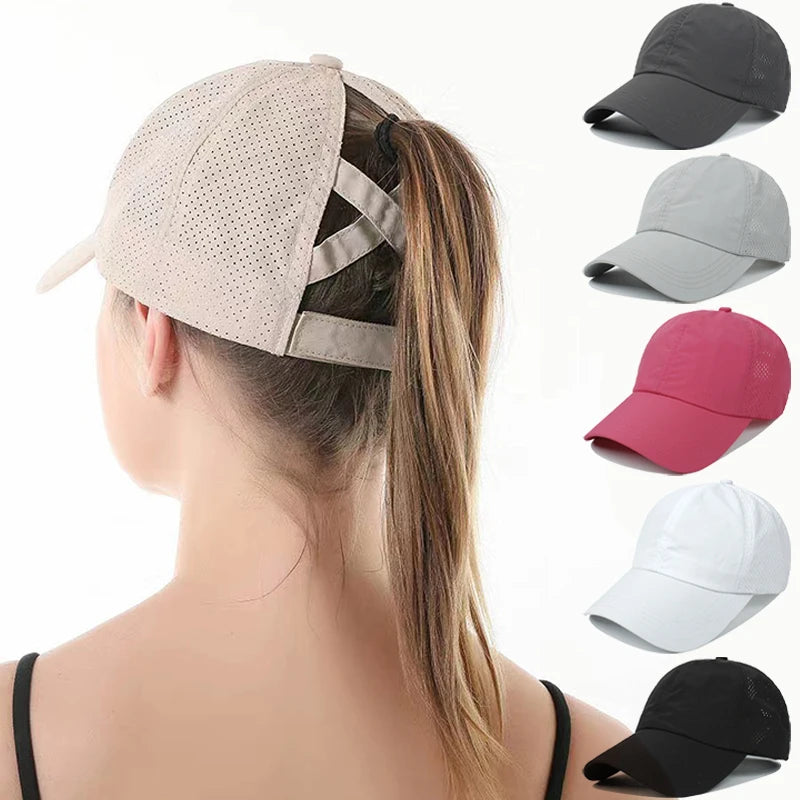 Summer Mesh Baseball Cap – Quick-Drying Sport & Leisure Hat with Cross Ponytail Design for Women & Men