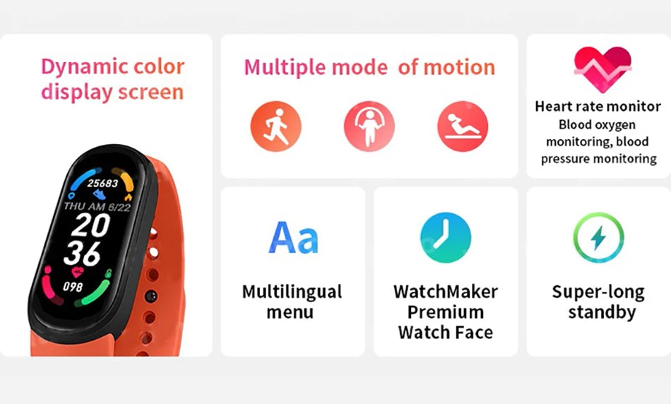 M6 Smartwatch – Fitness Tracker with Heart Rate & Blood Pressure Monitor, Waterproof Sports Band for Men & Women
