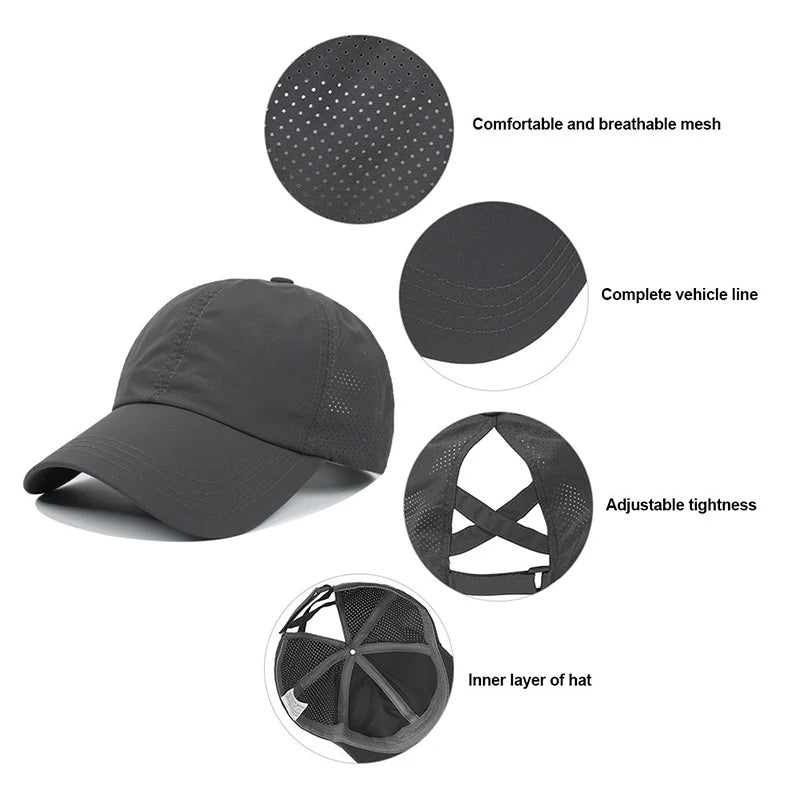 Summer Mesh Baseball Cap – Quick-Drying Sport & Leisure Hat with Cross Ponytail Design for Women & Men