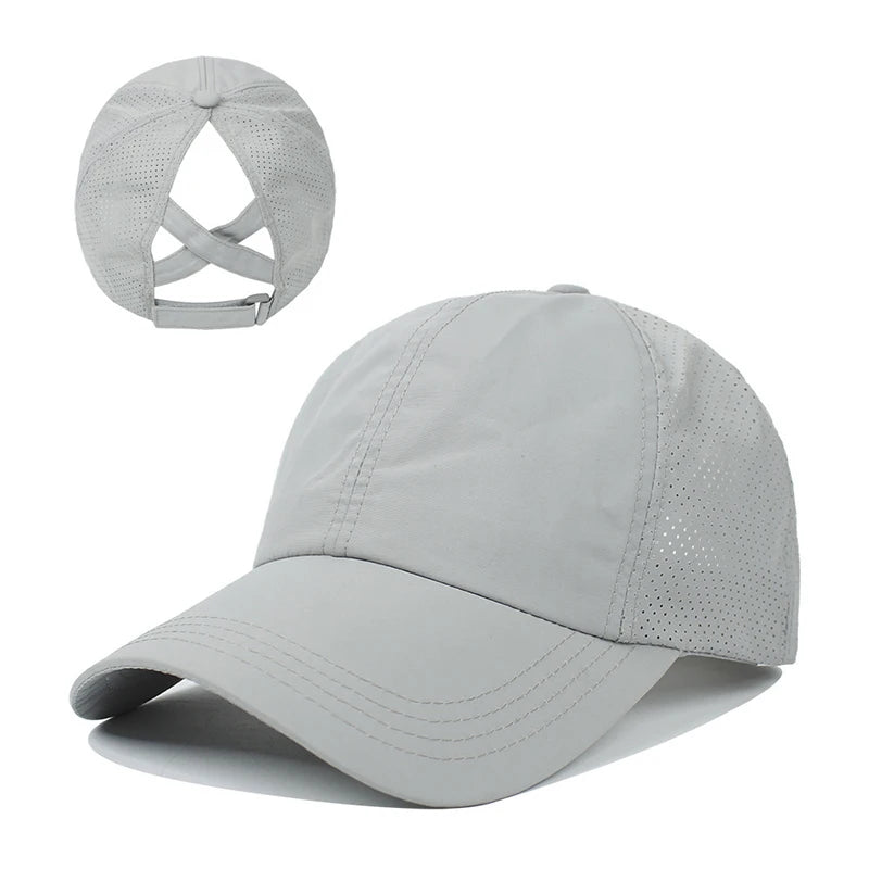 Summer Mesh Baseball Cap – Quick-Drying Sport & Leisure Hat with Cross Ponytail Design for Women & Men