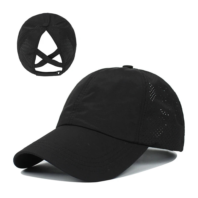 Summer Mesh Baseball Cap – Quick-Drying Sport & Leisure Hat with Cross Ponytail Design for Women & Men