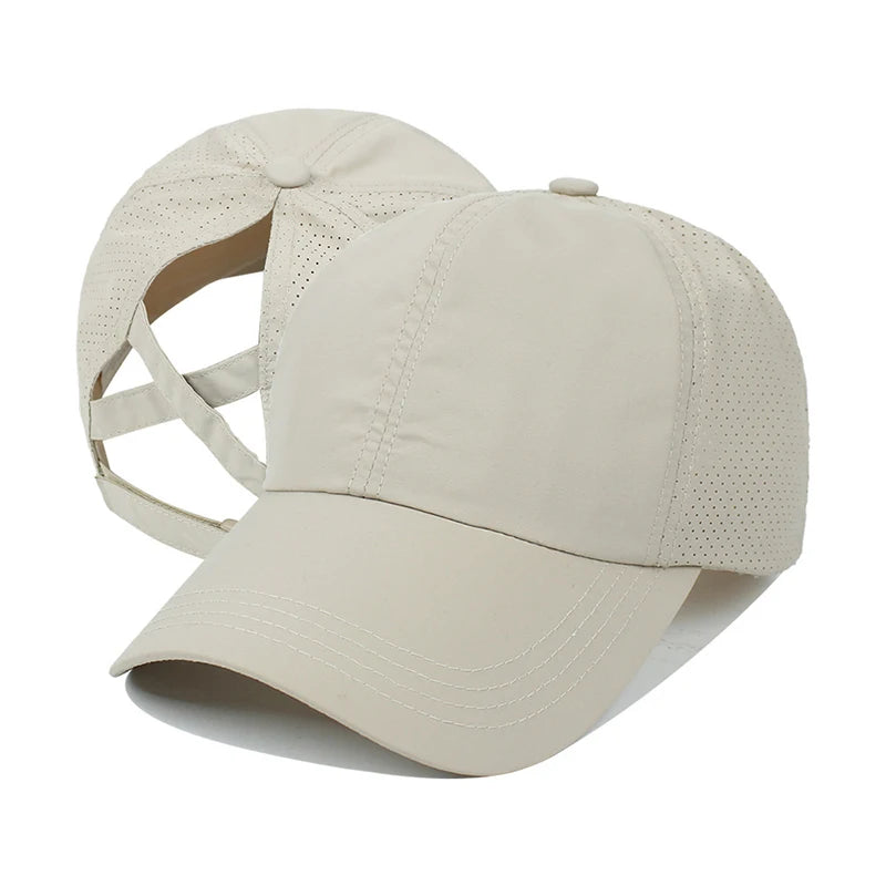 Summer Mesh Baseball Cap – Quick-Drying Sport & Leisure Hat with Cross Ponytail Design for Women & Men