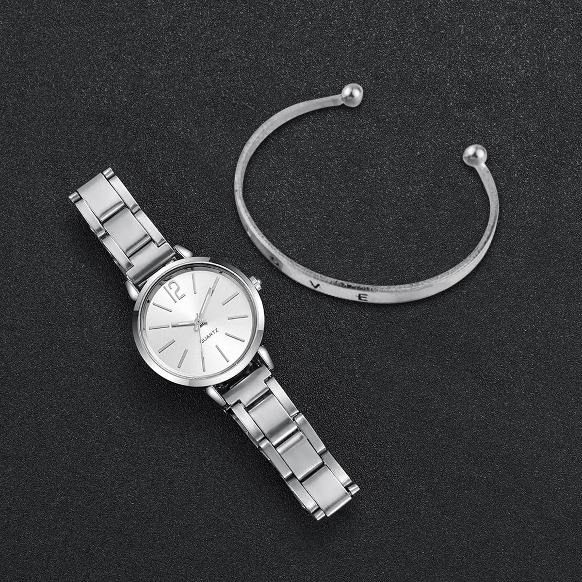 Elegant Women's Fashion Quartz Watch – Simple Steel Strap & Love Bracelet 2PC Set for Casual & Stylish Wear