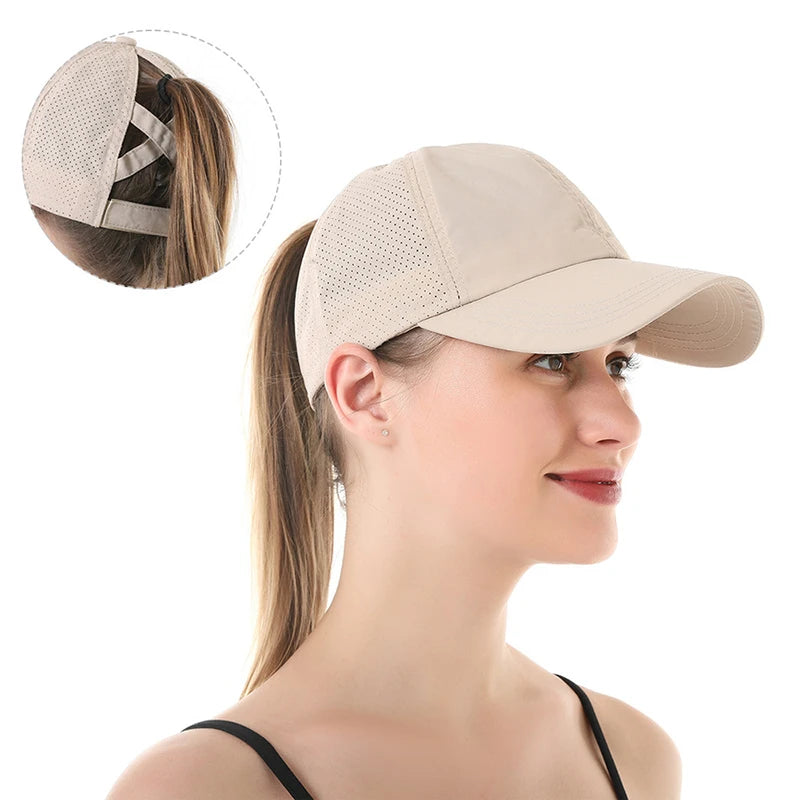Summer Mesh Baseball Cap – Quick-Drying Sport & Leisure Hat with Cross Ponytail Design for Women & Men