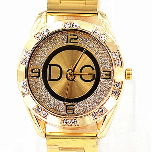 2024 Luxury DQG Crystal Quartz Watch – Elegant Gold & Silver Stainless Steel Women's Dress Wristwatch