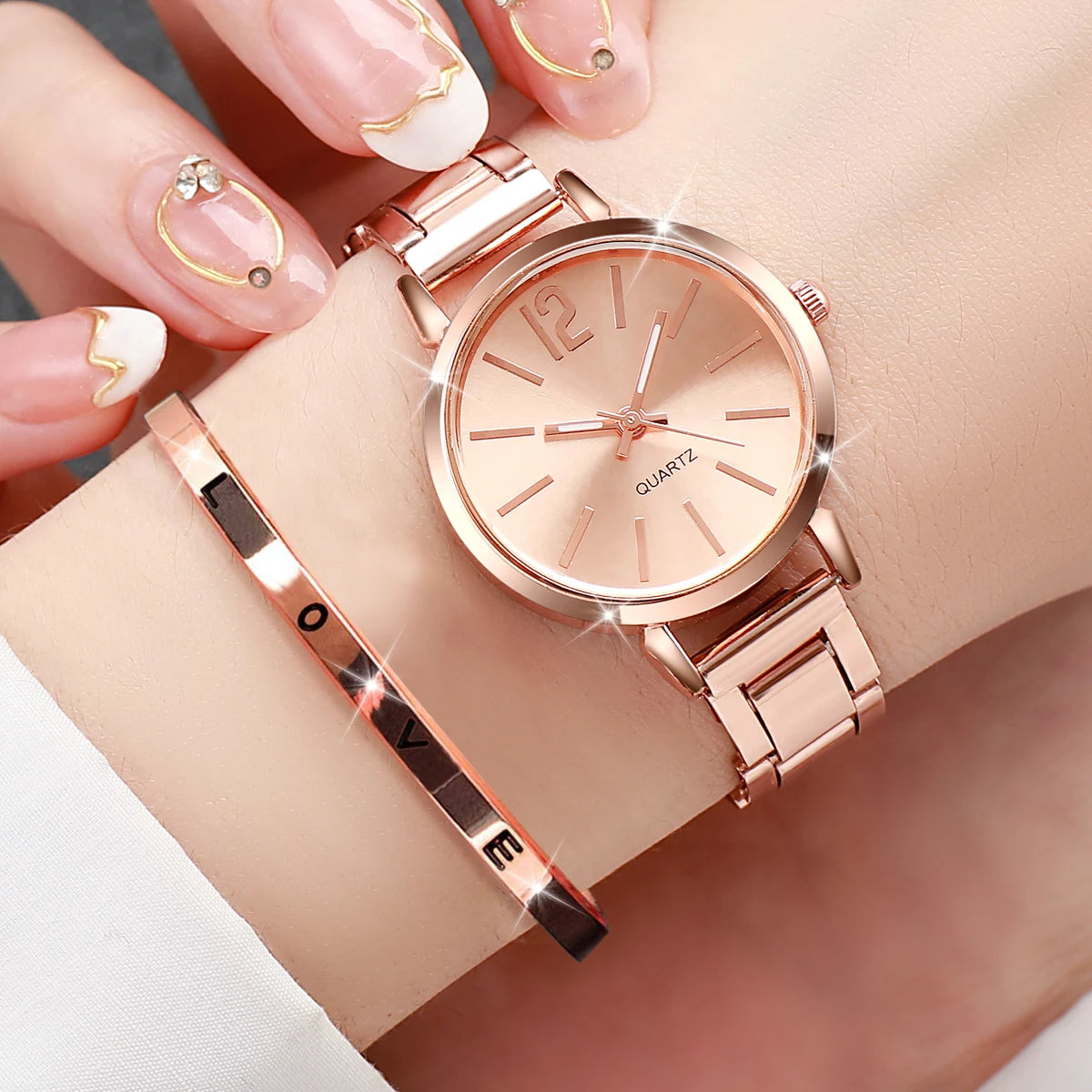 Elegant Women's Fashion Quartz Watch – Simple Steel Strap & Love Bracelet 2PC Set for Casual & Stylish Wear